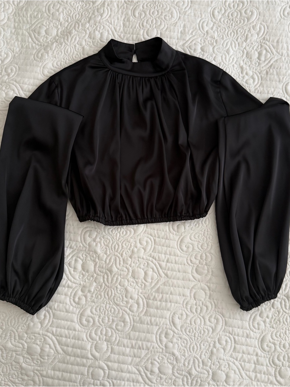 Black Satin Mock Neck Crop Top - Balloon Sleeve Blouse